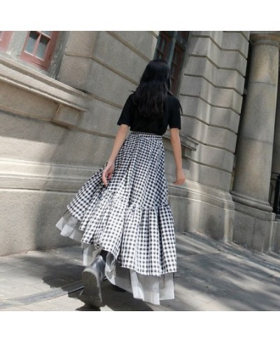 2023 Black and White Plaid Stitching Hip Slim Skirt Medium Length Irregular Mesh Skirt Women's Tutu Skirt Fashion Streetwear ...