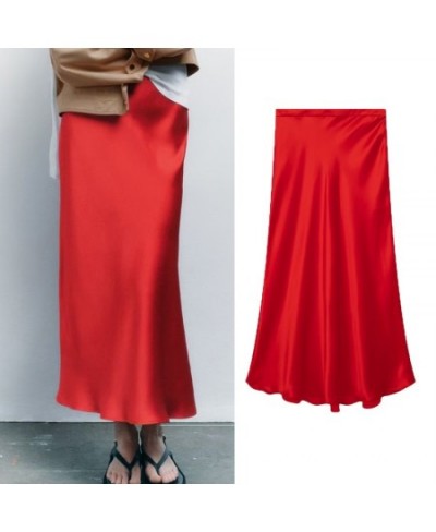 Satin Skirt Women High Waist Midi Skirts Woman Fashion 2023 Streetwear Side Zipper Women Skirt $35.32 - Bottoms