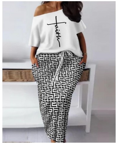 Spring Fashion Two-piece Set Women's Printed Diagonal Collar Short-sleeved T-shirt Pencil Skirt Casual Loose Two-piece Set $4...