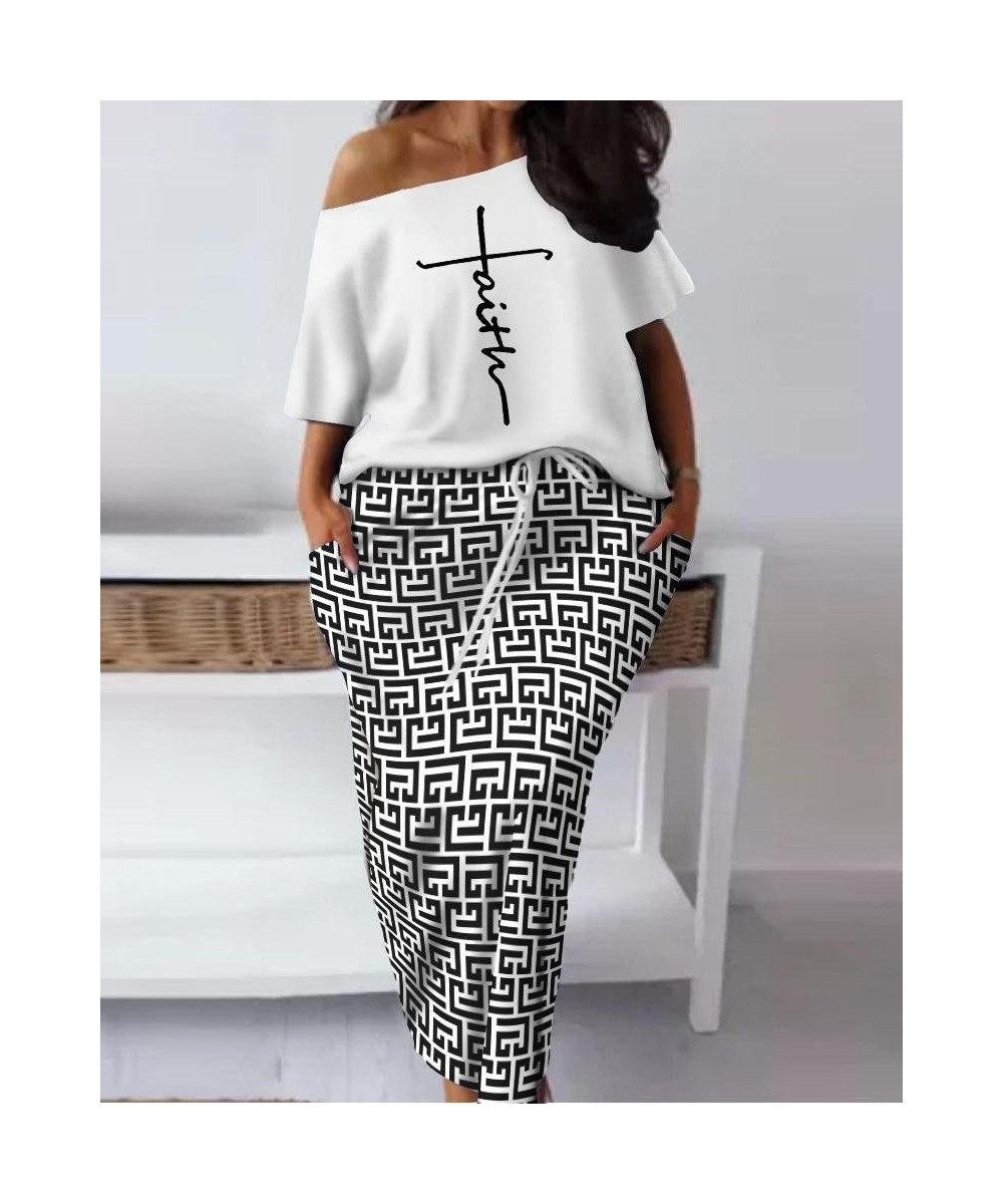 Spring Fashion Two-piece Set Women's Printed Diagonal Collar Short-sleeved T-shirt Pencil Skirt Casual Loose Two-piece Set $4...