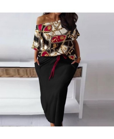 Spring Fashion Two-piece Set Women's Printed Diagonal Collar Short-sleeved T-shirt Pencil Skirt Casual Loose Two-piece Set $4...