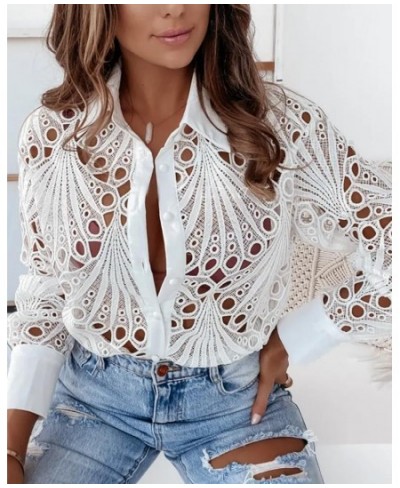 Shirt For Women 2022 Sexy Fashion Eyelet Embroidery Long Sleeve Turn-down Collar Button Down Cotton Shirt $40.88 - Tops & Tees