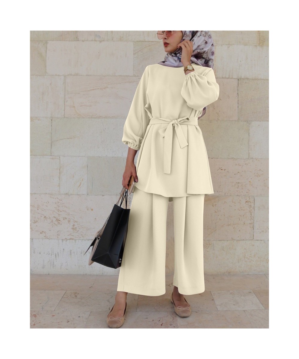 Women's Autumn Shirt Set Bow Tie Belt Muslim Set Long Sleeve Turkish Shirt Pants Abaya Solid 2PCS Oversized $41.38 - Muslim F...