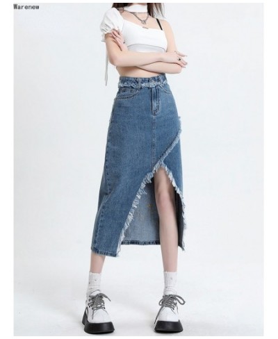 Women Hotsweet Slim Fit Harajuku Blue Denim Skirt 2023 Summer High Waist Y2K 90S Street Basic A-Line Sexy Casual Slit Jean $5...