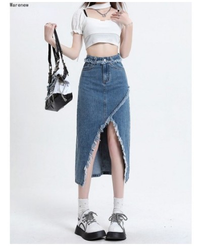 Women Hotsweet Slim Fit Harajuku Blue Denim Skirt 2023 Summer High Waist Y2K 90S Street Basic A-Line Sexy Casual Slit Jean $5...