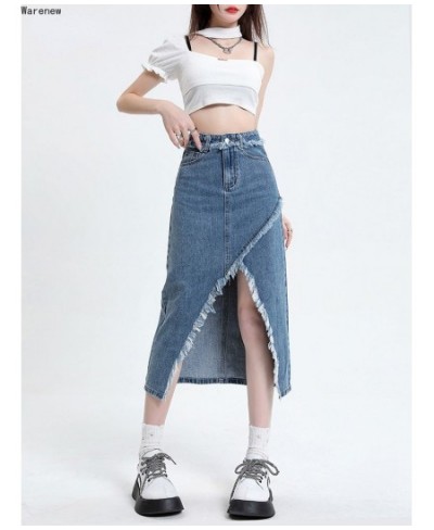 Women Hotsweet Slim Fit Harajuku Blue Denim Skirt 2023 Summer High Waist Y2K 90S Street Basic A-Line Sexy Casual Slit Jean $5...