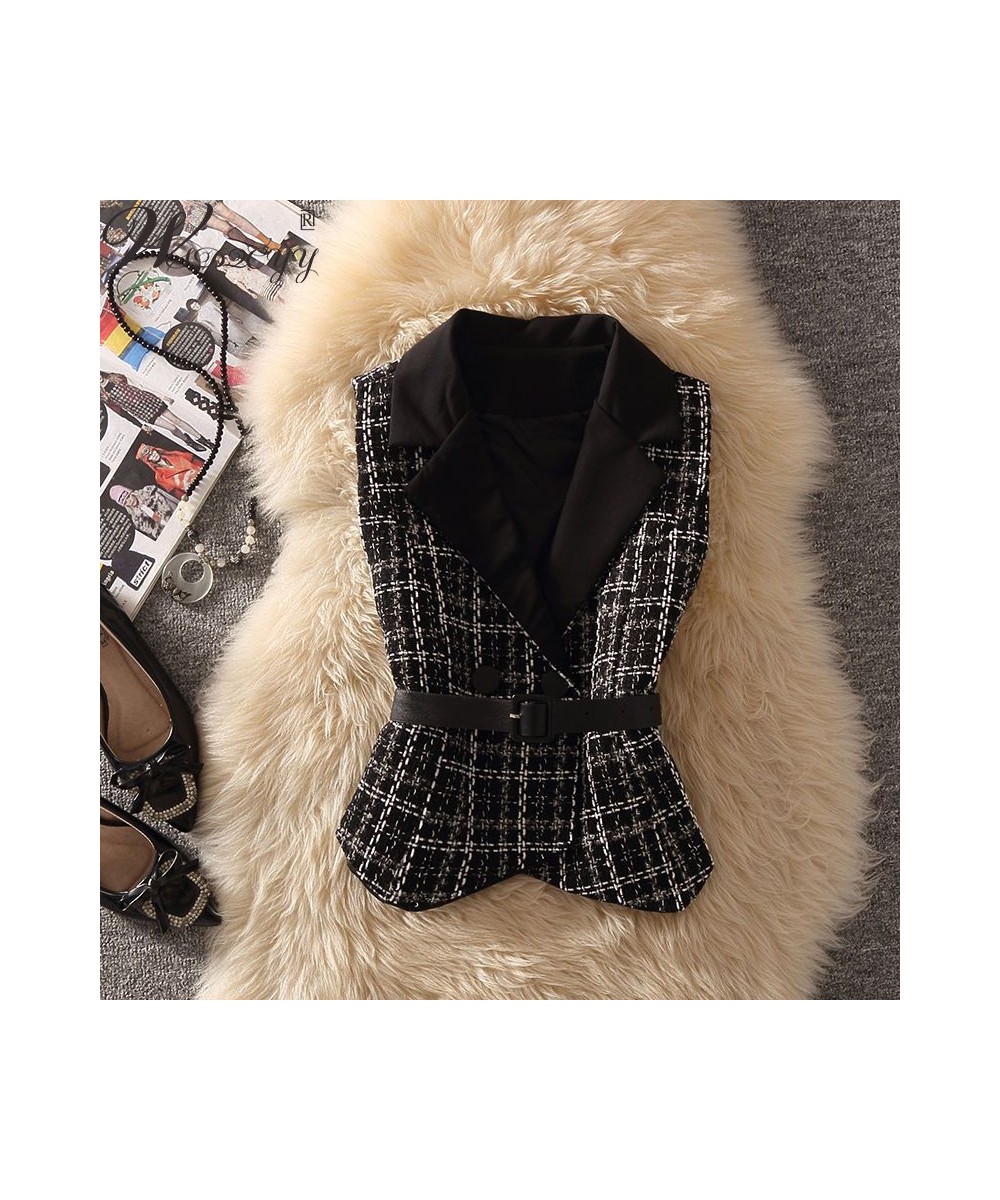 Women Vintage Sleeveless Cropped Tweel Coat Korean Fashion V-Neck Blazer Coat With Belt Autumn Winter Plaid Casual Waistcoat ...