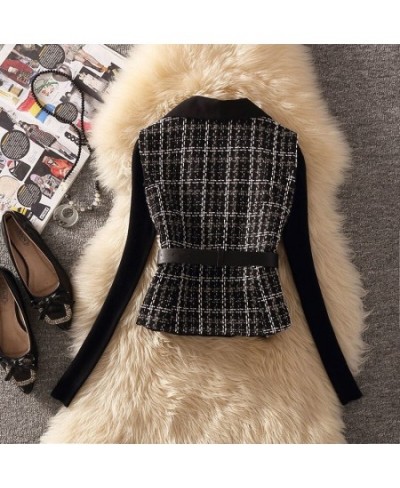 Women Vintage Sleeveless Cropped Tweel Coat Korean Fashion V-Neck Blazer Coat With Belt Autumn Winter Plaid Casual Waistcoat ...