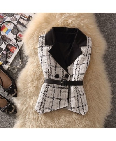 Women Vintage Sleeveless Cropped Tweel Coat Korean Fashion V-Neck Blazer Coat With Belt Autumn Winter Plaid Casual Waistcoat ...