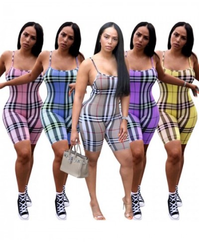 Fashion Jumpsuit for Women 2023 Summer Spaghetti Straps Plaid Print Skinny Playsuit Overalls Short Rompers Women Jumpsuit $33...