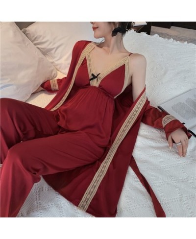 Spring summer ice silk Pajama suit for women with chest cushion Sexy 3 piece Sleepwear home suit sling robe Women's nightie $...