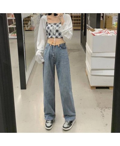 Women's Jeans High Waist Contrast Color Straight High Waist Pants Female Loose Mopping Design Trousers Y2K Korean Long Pants ...