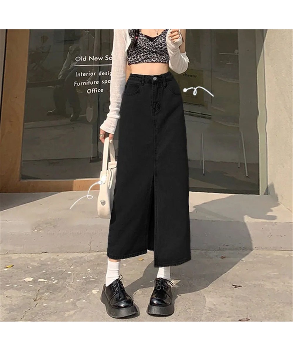 Retro Y2k Denim Skirts For Women Korean Fashion High Waist Mid Length Blue Split Hip Jeans Skirt Streetwear Party Clothing 4x...