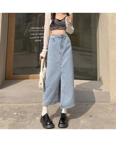 Retro Y2k Denim Skirts For Women Korean Fashion High Waist Mid Length Blue Split Hip Jeans Skirt Streetwear Party Clothing 4x...