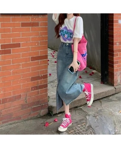 Retro Y2k Denim Skirts For Women Korean Fashion High Waist Mid Length Blue Split Hip Jeans Skirt Streetwear Party Clothing 4x...