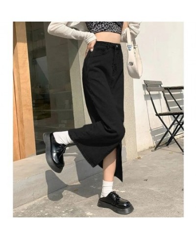 Retro Y2k Denim Skirts For Women Korean Fashion High Waist Mid Length Blue Split Hip Jeans Skirt Streetwear Party Clothing 4x...