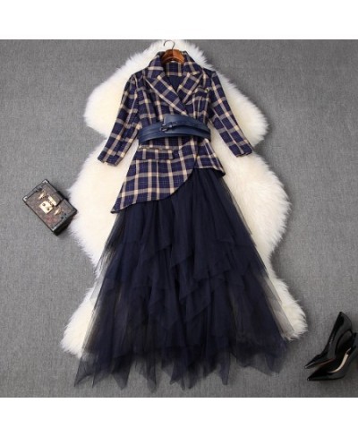 Spring Designers Office Lady Two Piece Outfits Women's Fashion Plaid Print Irregular Blazer & Midi Tulle Skirt Suit Dress Set...