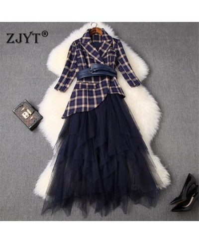 Spring Designers Office Lady Two Piece Outfits Women's Fashion Plaid Print Irregular Blazer & Midi Tulle Skirt Suit Dress Set...