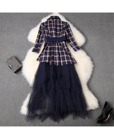 Spring Designers Office Lady Two Piece Outfits Women's Fashion Plaid Print Irregular Blazer & Midi Tulle Skirt Suit Dress Set...