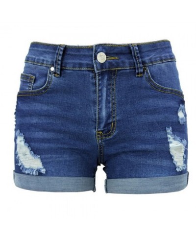 Hole Ripped Shorts Summer Mid Waist Denim Shorts Women Casual Ladies Elastic Leg Short Jeans Pockets Streetwear $35.80 - Bottoms