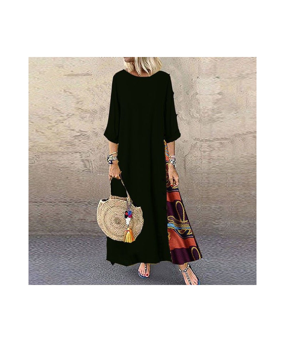 Maxi Dress For Women Elegant Chic Long Dresses Vintage Print Black Red Dress Mid Sleeve Casual O-Neck Streetwear Clothing $35...