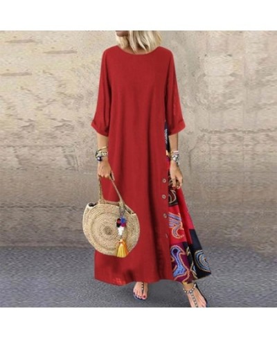 Maxi Dress For Women Elegant Chic Long Dresses Vintage Print Black Red Dress Mid Sleeve Casual O-Neck Streetwear Clothing $35...