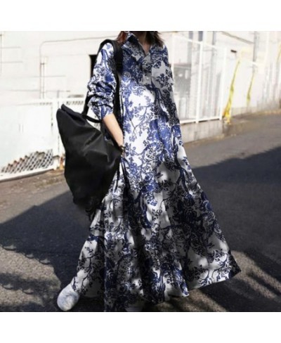 Dress Casual Breathable Large Hem Floral Dress Breathable Ladies Dress Turn-down Collar for Holiday $40.35 - Dresses