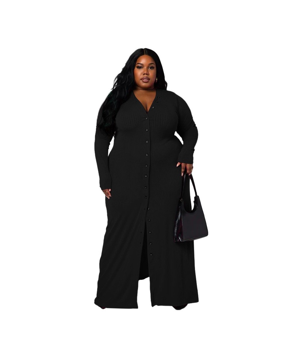 XL-5XL Plus Size Dresses for Women 2022 Clothing Casual Solid Rib Long Sleeve V Neck Sexy Split Long Dress $57.33 - Plus Size...