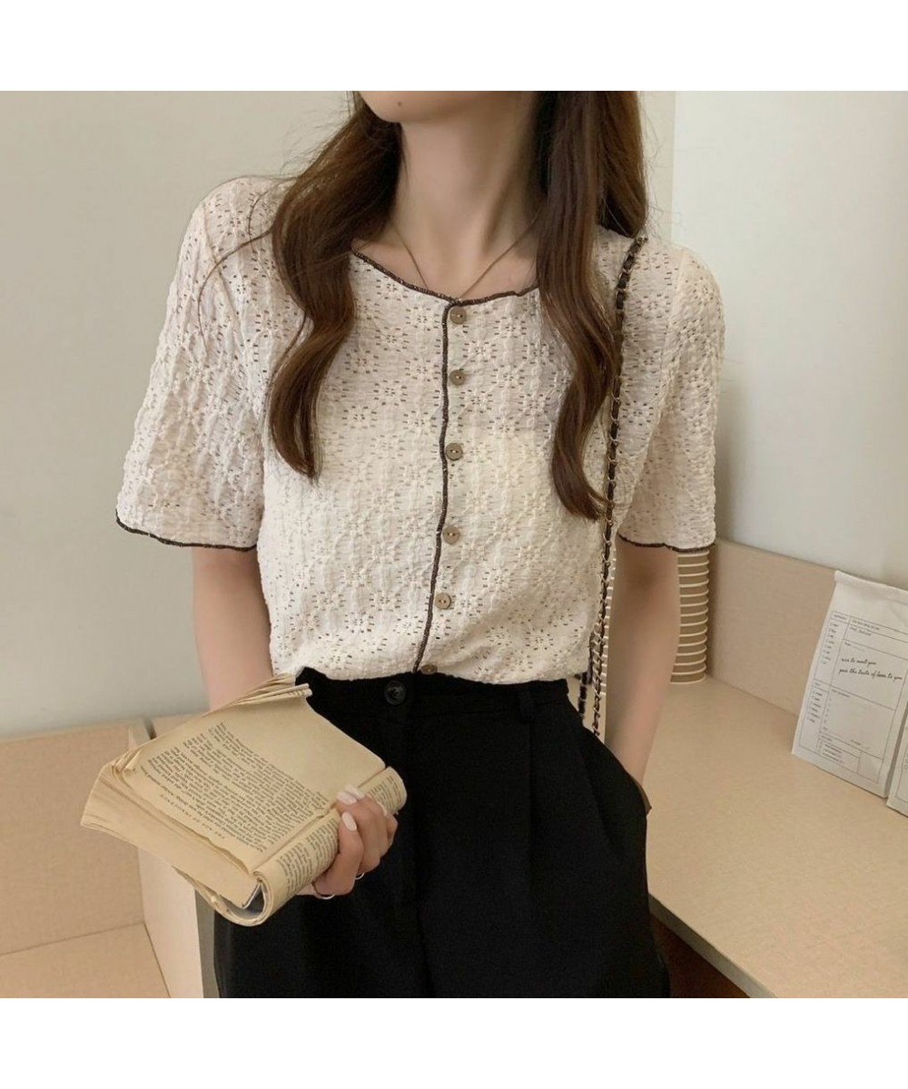 Women Shirts Hollow Out O-neck Single Breasted Fashion Retro Teens Leisure All-match Elegant Gentle Sweet Short Sleeve Blouse...