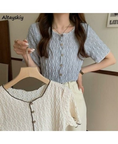 Women Shirts Hollow Out O-neck Single Breasted Fashion Retro Teens Leisure All-match Elegant Gentle Sweet Short Sleeve Blouse...