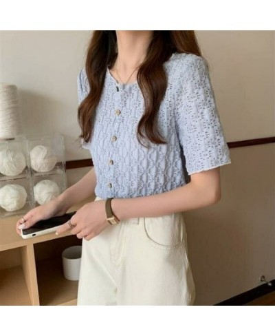 Women Shirts Hollow Out O-neck Single Breasted Fashion Retro Teens Leisure All-match Elegant Gentle Sweet Short Sleeve Blouse...