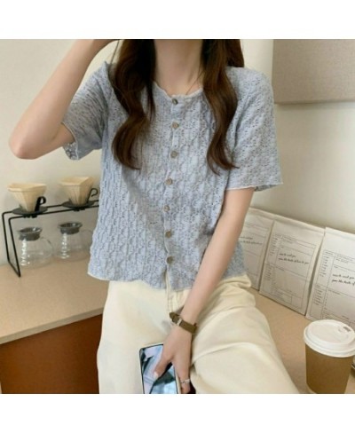 Women Shirts Hollow Out O-neck Single Breasted Fashion Retro Teens Leisure All-match Elegant Gentle Sweet Short Sleeve Blouse...