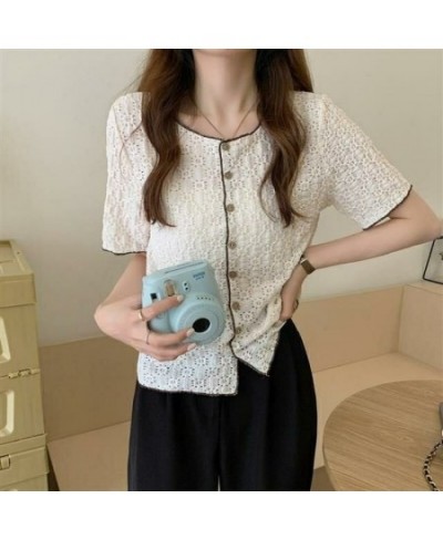 Women Shirts Hollow Out O-neck Single Breasted Fashion Retro Teens Leisure All-match Elegant Gentle Sweet Short Sleeve Blouse...