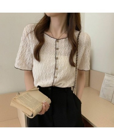 Women Shirts Hollow Out O-neck Single Breasted Fashion Retro Teens Leisure All-match Elegant Gentle Sweet Short Sleeve Blouse...