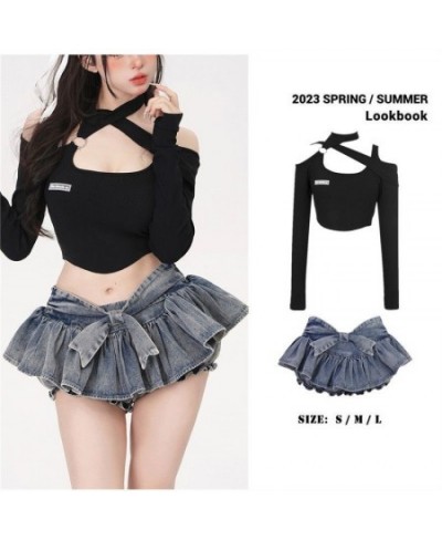 Sexy 2 Piece Y2k Skirt with Hot Halter Crop Top Korean Mini Bow Knot Denim Skirt Vintage Fashion Pleated Kawaii Skirt $31.61 ...