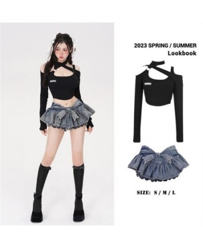 Sexy 2 Piece Y2k Skirt with Hot Halter Crop Top Korean Mini Bow Knot Denim Skirt Vintage Fashion Pleated Kawaii Skirt $31.61 ...