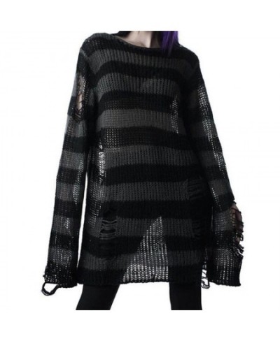 Women Y2K Striped Oversized Sweater Pullovers Ripped Punk Gothic Grunge Long Sweaters Harajuku Aesthetics Jumpers Tops $33.12...