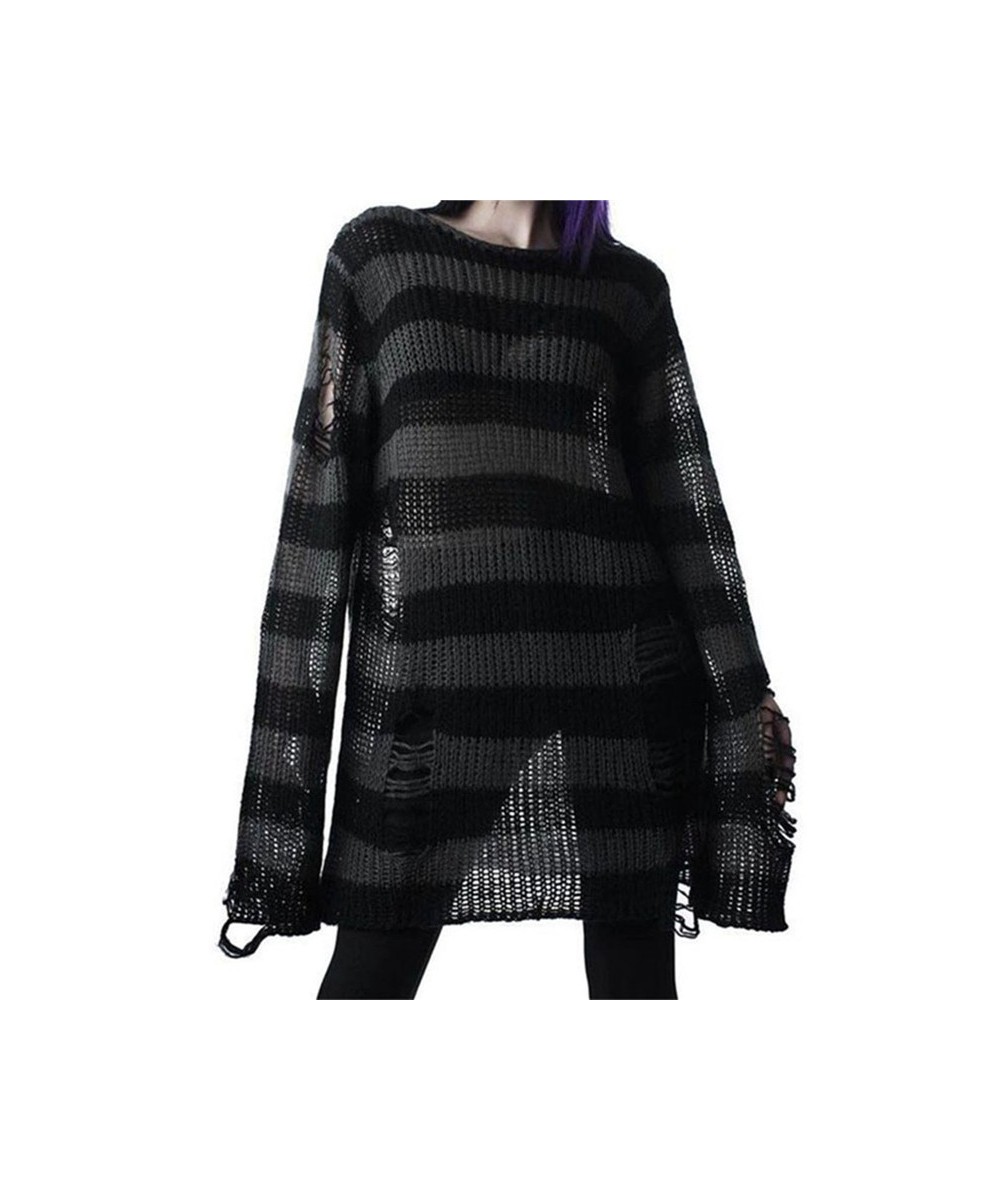 Women Y2K Striped Oversized Sweater Pullovers Ripped Punk Gothic Grunge Long Sweaters Harajuku Aesthetics Jumpers Tops $33.12...