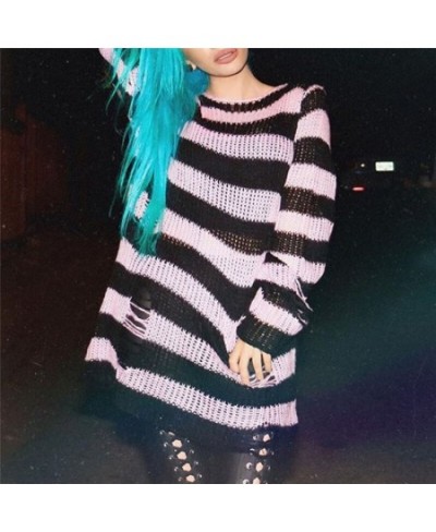 Women Y2K Striped Oversized Sweater Pullovers Ripped Punk Gothic Grunge Long Sweaters Harajuku Aesthetics Jumpers Tops $33.12...