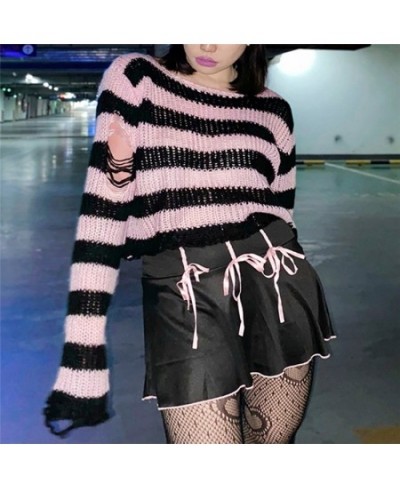 Women Y2K Striped Oversized Sweater Pullovers Ripped Punk Gothic Grunge Long Sweaters Harajuku Aesthetics Jumpers Tops $33.12...