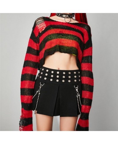 Women Y2K Striped Oversized Sweater Pullovers Ripped Punk Gothic Grunge Long Sweaters Harajuku Aesthetics Jumpers Tops $33.12...