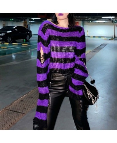 Women Y2K Striped Oversized Sweater Pullovers Ripped Punk Gothic Grunge Long Sweaters Harajuku Aesthetics Jumpers Tops $33.12...