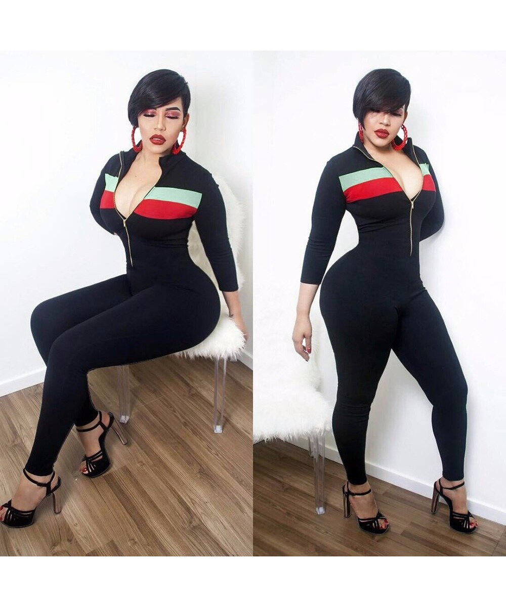 2023 Bodycon Jumpsuit Bodysuit Women Long Sleeve Women Overalls F0504 Black Playsuit Long Pants Chest Zipper $46.04 - Jumpsuits