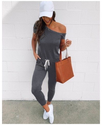 Women Jumpsuits Sexy Off Shoulder Short Sleeve Drawstring Waist Ankle Length Jumpsuit Black Grey Autumn Pocket Rompers Street...