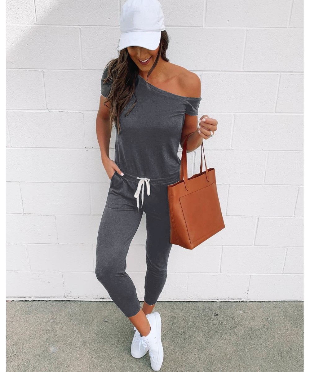 Women Jumpsuits Sexy Off Shoulder Short Sleeve Drawstring Waist Ankle Length Jumpsuit Black Grey Autumn Pocket Rompers Street...