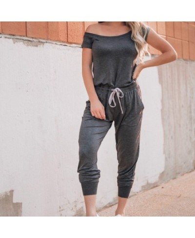 Women Jumpsuits Sexy Off Shoulder Short Sleeve Drawstring Waist Ankle Length Jumpsuit Black Grey Autumn Pocket Rompers Street...