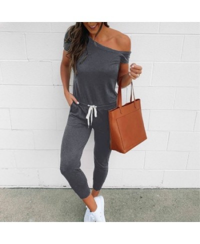 Women Jumpsuits Sexy Off Shoulder Short Sleeve Drawstring Waist Ankle Length Jumpsuit Black Grey Autumn Pocket Rompers Street...