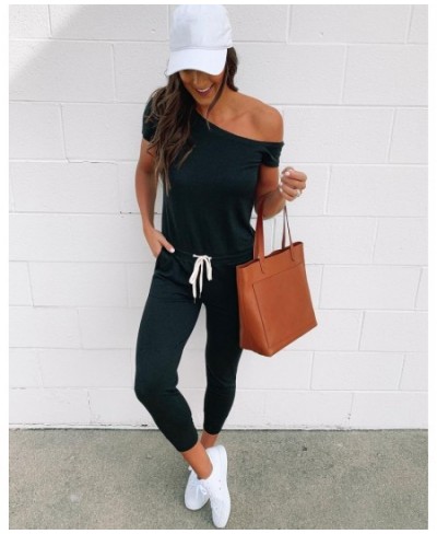 Women Jumpsuits Sexy Off Shoulder Short Sleeve Drawstring Waist Ankle Length Jumpsuit Black Grey Autumn Pocket Rompers Street...