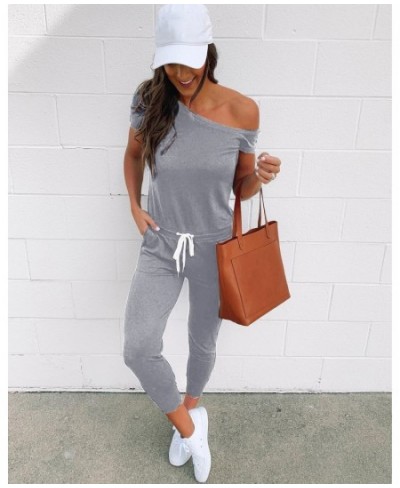 Women Jumpsuits Sexy Off Shoulder Short Sleeve Drawstring Waist Ankle Length Jumpsuit Black Grey Autumn Pocket Rompers Street...