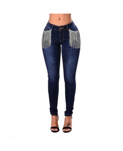 Plus Size Jeans Lady Fashion Beaded Tassel Tight Fit Versatile Women's Jeans Large Size Casual Solid Color Trousers 2023 New ...